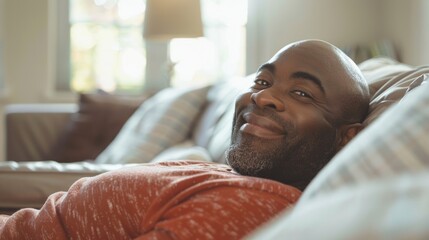 Canvas Print - A bald man lying down and looking away from camera.