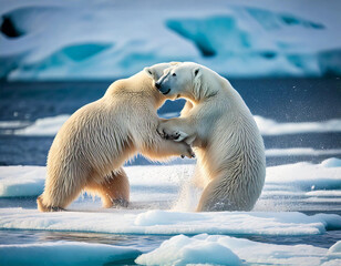 battle of wild polar bears on ice.