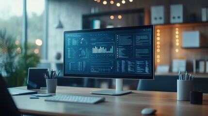 Poster - A modern workspace featuring a large monitor displaying data analytics, with a keyboard, mouse, and plant in a stylish office environment.