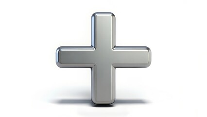 Poster - 3D Render of Plus Sign, Metal, Gray, White Background