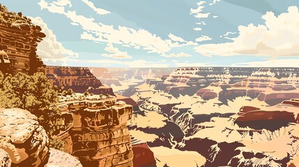 Wall Mural - A stylized illustration of the Grand Canyon, with a blue sky and puffy clouds.