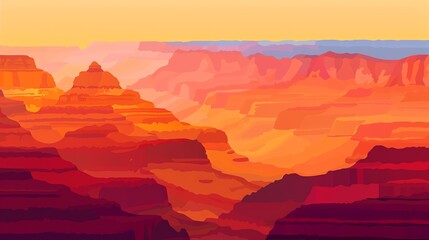 Wall Mural - An illustration of the Grand Canyon at sunset with a bright orange sky.