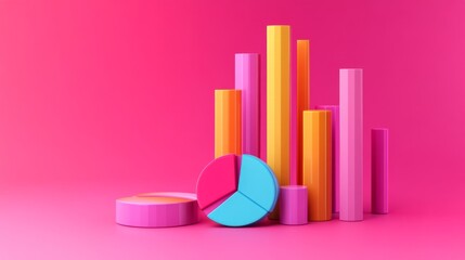 Poster - D bars and pie chart graphics in vivid colors, floating in space against a neutral backdrop for a visually impactful design