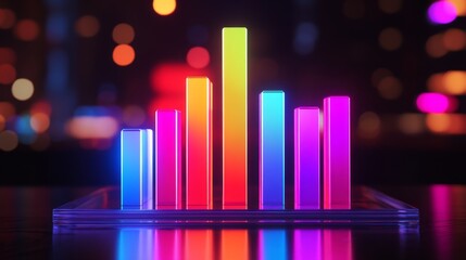 Leinwandbilder - D bar graph with vibrant colors, arranged in ascending order on a transparent glass base, with soft ambient lighting