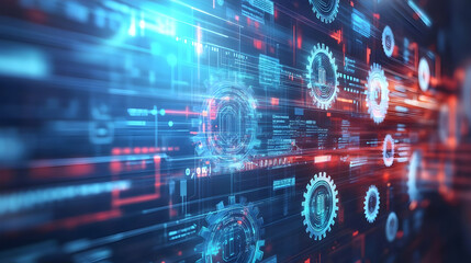Abstract digital gears and data streams. Visualizing technology. Potential stock image