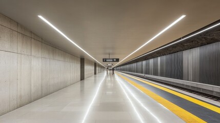 Fototapete - An empty subway station with modern design elements and bright lighting, emphasizing the efficiency and convenience of underground transportation