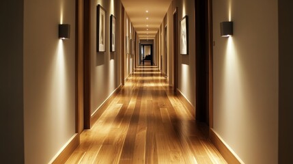 Poster - An inviting minimalist hallway with wooden flooring, soft lighting, and a few decorative elements that enhance the simplicity and elegance of the space