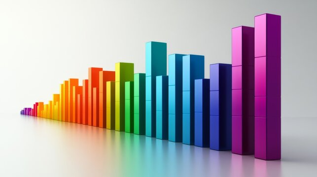 Array of rainbow-colored D bars in a row, gradually increasing in height, with smooth shadows and reflections