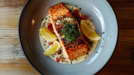 Poster - A beautifully plated dish of seared salmon fillet with a crispy skin, garnished with fresh dill and lemon wedges, served on a rustic wooden table