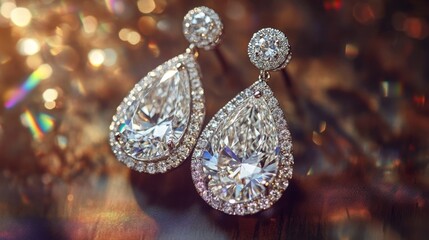 Poster - A beautiful close-up of a pair of diamond drop earrings, captured in natural light to showcase their sparkle and the craftsmanship of their design