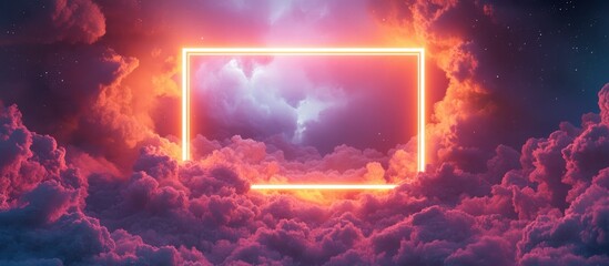 Wall Mural - Surreal Neon Frame in Vibrant Pink and Purple Clouds with Dreamy Sky Background