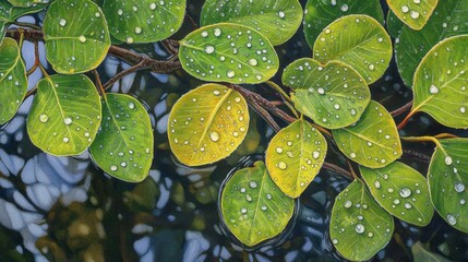 Poster - A close-up of mangrove leaves with water droplets, capturing the details of their texture and color against the backdrop of the forest