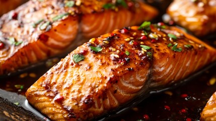 Poster - A close-up of salmon fillets marinating in a homemade teriyaki sauce, showcasing the vibrant colors and flavors before cooking