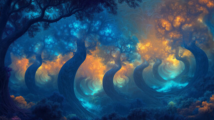 Poster - A glowing neon forest with swirling fractal trees.