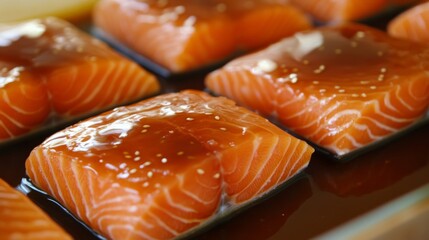 Poster - A close-up of salmon fillets marinating in a homemade teriyaki sauce, showcasing the vibrant colors and flavors before cooking