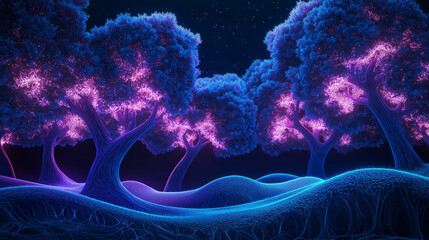 Poster - A glowing neon forest with swirling fractal trees.