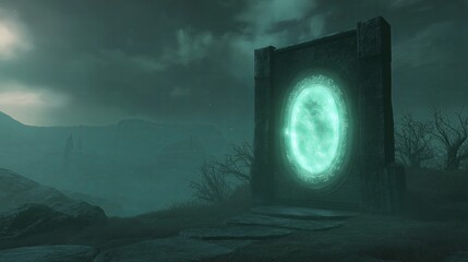 Poster - A glowing portal in the middle of an empty, dark landscape