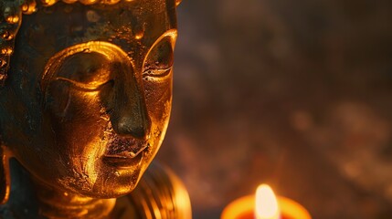 Wall Mural - A golden Buddha statue with a lit candle in the foreground.