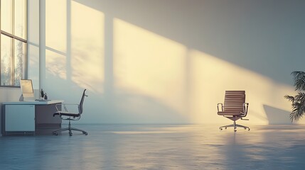 Wall Mural - Modern office interior with desks and chairs in an open space setting, featuring a blank white wall on the right for copy space. 3D Rendering,

