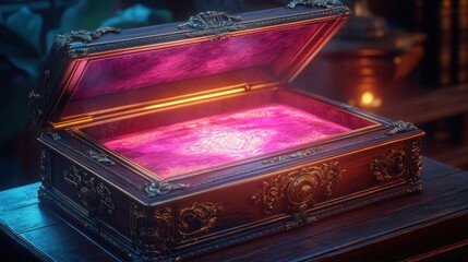 Glowing ornate box, mystery, dark room, magic, game asset