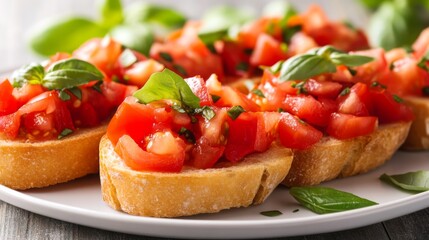 Wall Mural - A delightful bruschetta platter featuring toasted bread topped with diced tomatoes, garlic, and basil, highlighting the simplicity and freshness of Italian appetizers