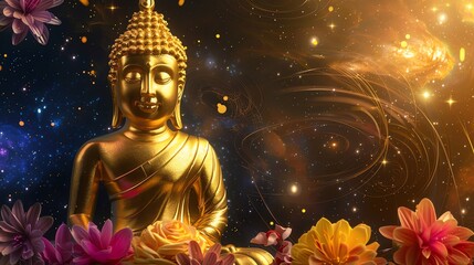 Wall Mural - A golden Buddha statue surrounded by flowers against a starry night sky.