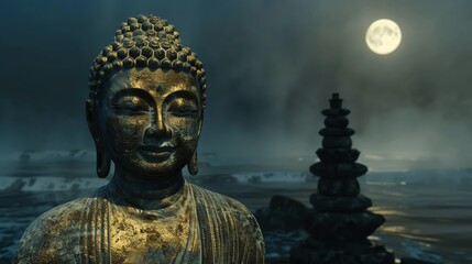 Wall Mural - A golden Buddha statue in front of a stacked rock cairn, with a full moon in the background.