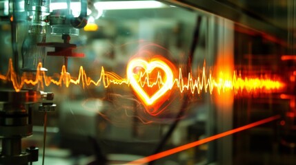 Fototapete - A dynamic heart waveform overlaid on a faint background of medical equipment, symbolizing the interplay between technology and human health