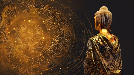 Wall Mural - A golden Buddha statue in front of a glowing, swirling, mandala-like background.
