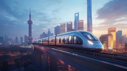 Aufkleber - A futuristic high-speed train on an elevated track, with a vibrant city skyline in the background, illustrating the blend of technology and urban life