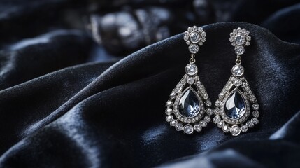 Poster - A pair of elegant chandelier diamond earrings showcased on a dark velvet cloth, with soft lighting creating dramatic shadows that enhance their beauty