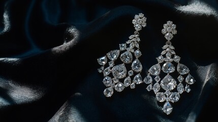 Poster - A pair of elegant chandelier diamond earrings showcased on a dark velvet cloth, with soft lighting creating dramatic shadows that enhance their beauty