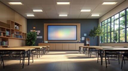 Poster - a modern classroom featuring large windows, wooden furniture, and a digital screen, promoting a brig