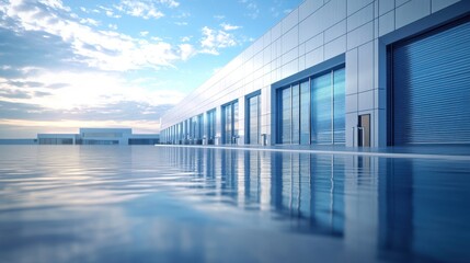 A serene architectural view featuring a modern building reflected in tranquil water under a cloudy sky.