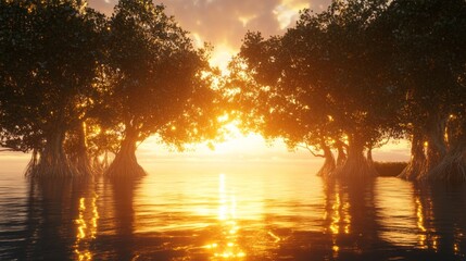 Poster - A picturesque mangrove landscape during sunset, with golden rays illuminating the trees and water, creating a tranquil and magical atmosphere