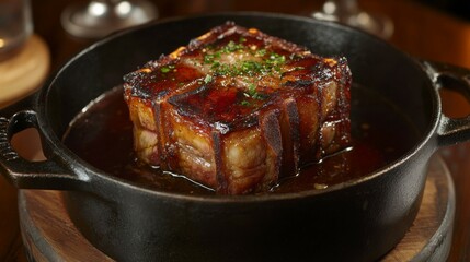 Wall Mural - A rustic image of slow-cooked pork belly in a savory sauce, bubbling in a cast-iron pot, showcasing the rich flavors and tender texture of the dish