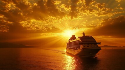 Poster - A serene shot of a cruise ship sailing into the sunset, with golden rays of light streaming across the water, symbolizing relaxation and peaceful journeys
