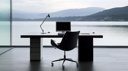 Poster - A spacious minimalist workspace with a large desk, an ergonomic chair, and a calming view of nature through a window, promoting productivity and peace