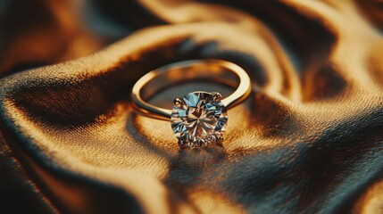 Poster - A sparkling diamond ring sitting on a luxurious gold fabric, with soft lighting highlighting the intricate details of the ring