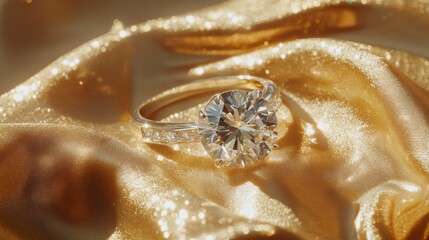 Poster - A sparkling diamond ring sitting on a luxurious gold fabric, with soft lighting highlighting the intricate details of the ring