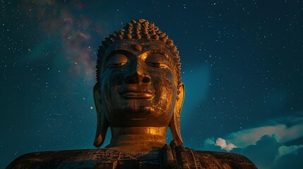Wall Mural - A large, golden Buddha statue with a starry night sky in the background.