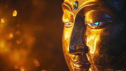 Wall Mural - A close up of a golden Buddha statue with blue eyes, in a hazy background with bokeh lights.