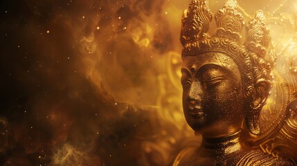 Wall Mural - A golden Buddha statue with closed eyes, set against a background of golden light and dust particles, evoking a sense of peace and enlightenment.