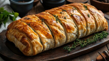 Poster - A stunning image of a salmon en crote, wrapped in flaky pastry with herbs and spices, presented elegantly on a platter, showcasing culinary creativity
