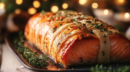 Poster - A stunning image of a salmon en crote, wrapped in flaky pastry with herbs and spices, presented elegantly on a platter, showcasing culinary creativity