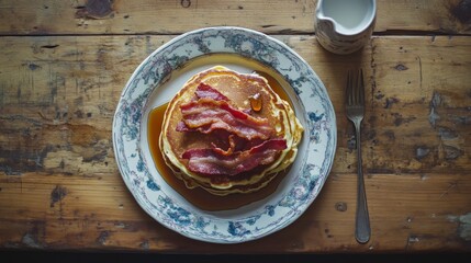 Poster - A stunning overhead view of a breakfast table featuring pancakes topped with crispy bacon and maple syrup, creating a warm and inviting morning scene