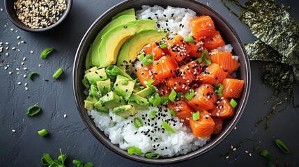 Wall Mural - A stunning overhead view of a salmon poke bowl filled with cubed salmon, avocado, seaweed, and rice, beautifully garnished with sesame seeds and green onions