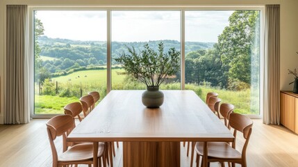 Poster - A stylish minimalist dining area featuring a wooden table, minimalist chairs, and a simple centerpiece, with large windows offering a view of a green landscape