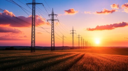 Poster - A vibrant sunrise illuminating a row of utility poles, with the light casting long shadows across a field, symbolizing new beginnings and energy
