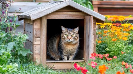 Poster - A wooden cat house with an open door, inviting a curious cat to peek out, surrounded by a lush garden full of vibrant flowers